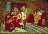 ГАЛИЛЕЙ просит Сенат разрешить поместить телескоп на башню Св. Марка в Венеции. Фреска Л. Сабателли, Tribuna di Galileo, Флоренция