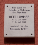 Мемориальная доска на доме, где родился и жил О. Люммер в Гере, Шлоссштрассе 6